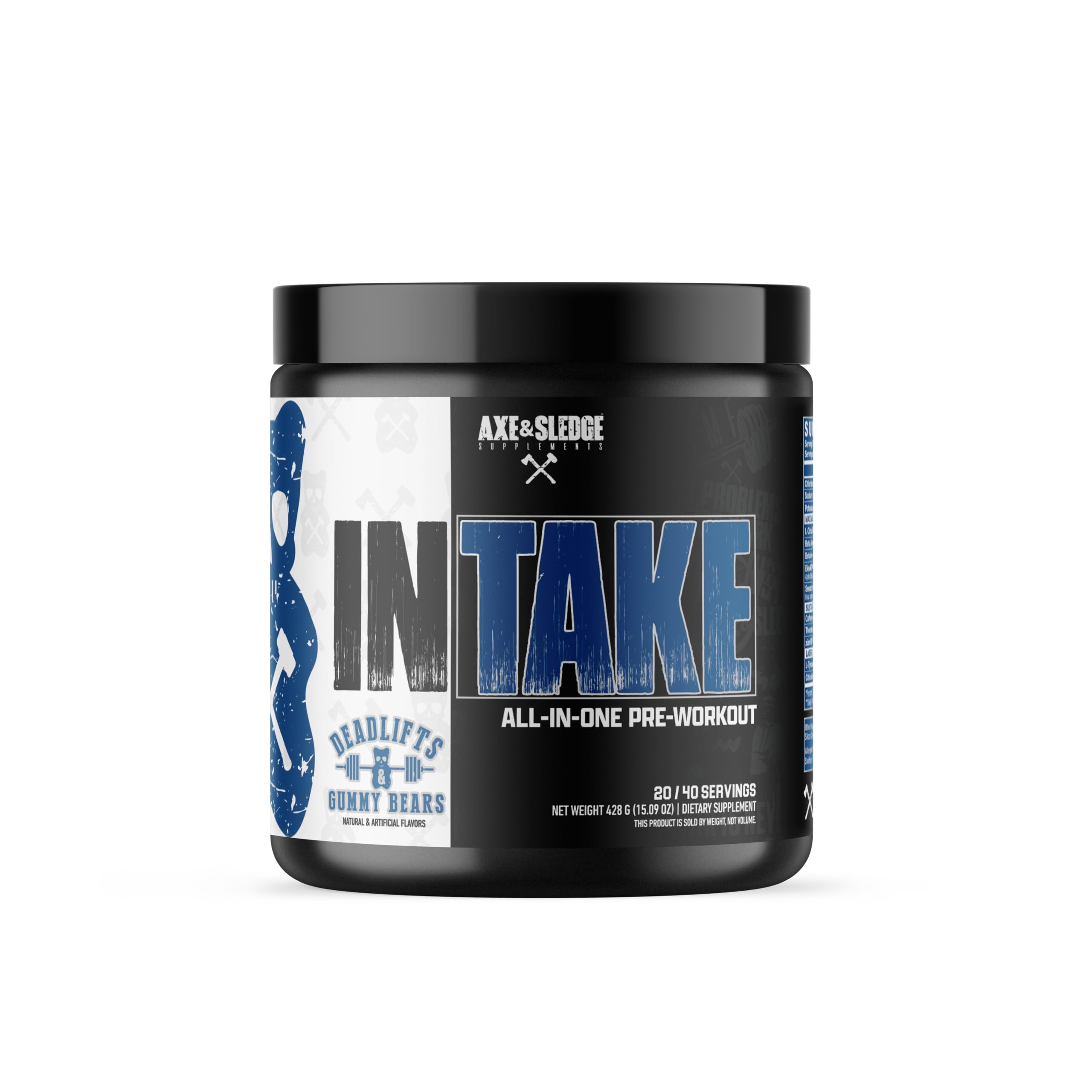 Axe & Sledge Intake tub and label showcasing premium pre-workout for focused training.