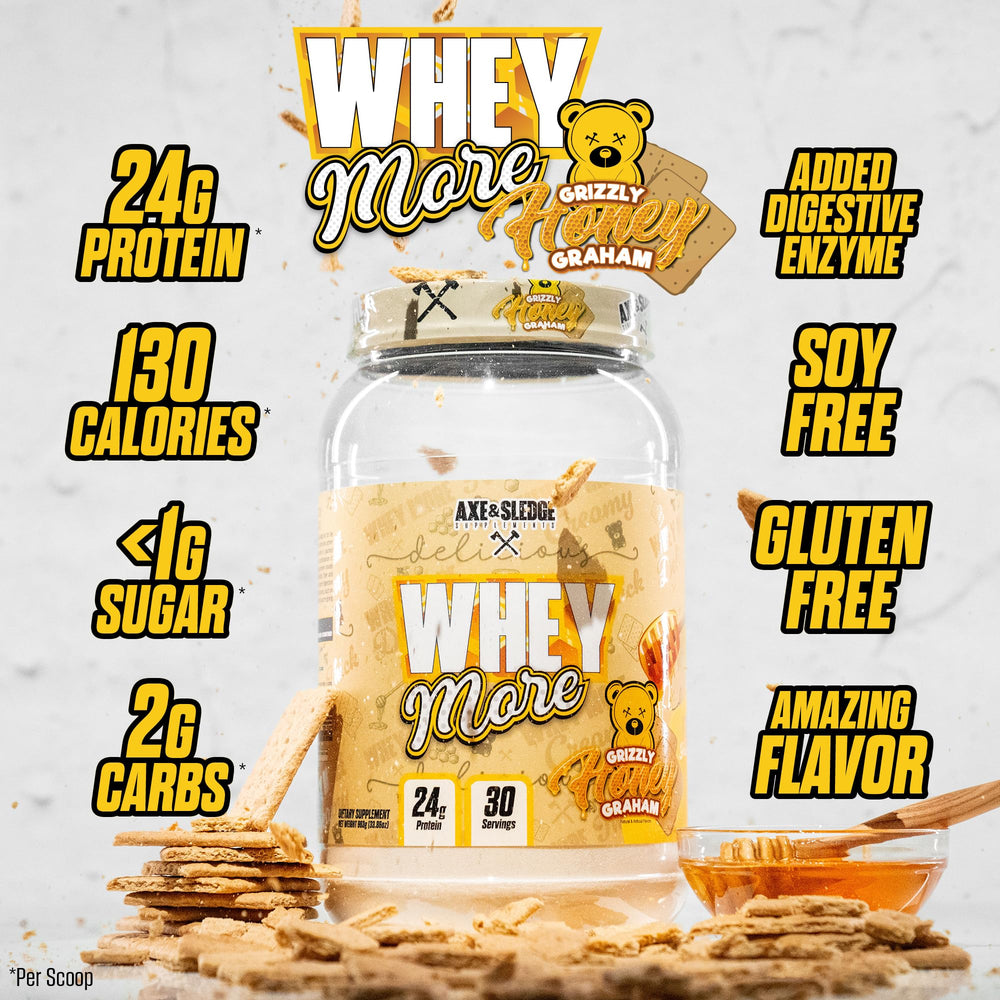 Scoop of WHEY MORE powder with serving scoop and 24g protein highlight