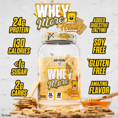 Scoop of WHEY MORE powder with serving scoop and 24g protein highlight