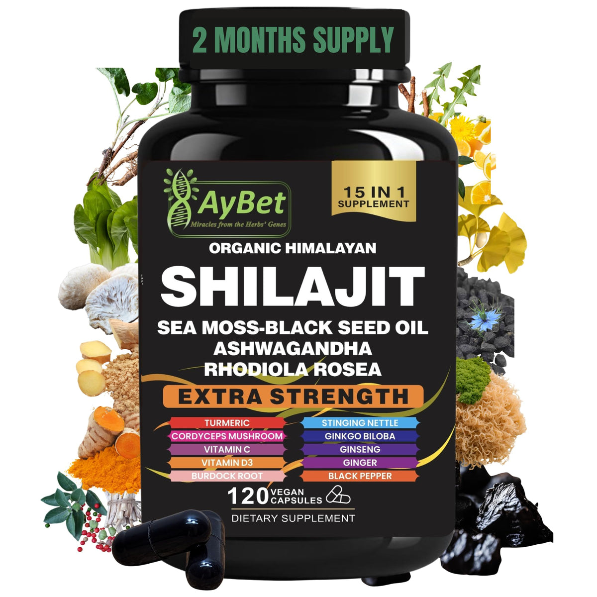 AyBet Shilajit capsules bottle for men and women with Himalayan herbs