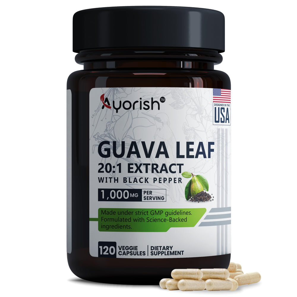 Ayorish Guava Leaf Extract 1000mg 20:1 with Piperine bottle and capsules