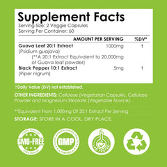 Ingredients panel showing guava leaf extract and piperine