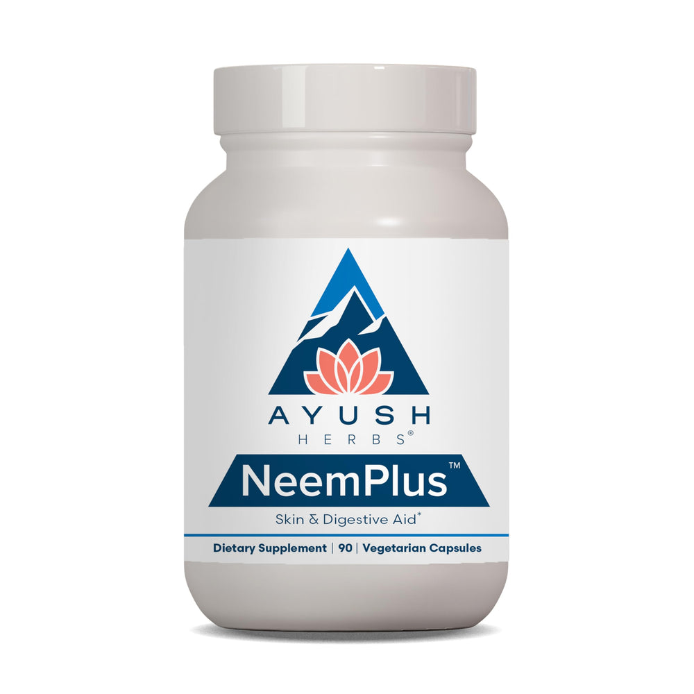Ayush Herbs Neem Plus bottle and capsules – front view