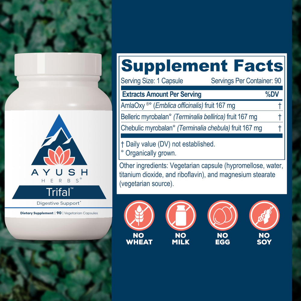 Ayush Herbs Trifal ingredients packaging emphasizes amla, triphala, and natural formulation.
