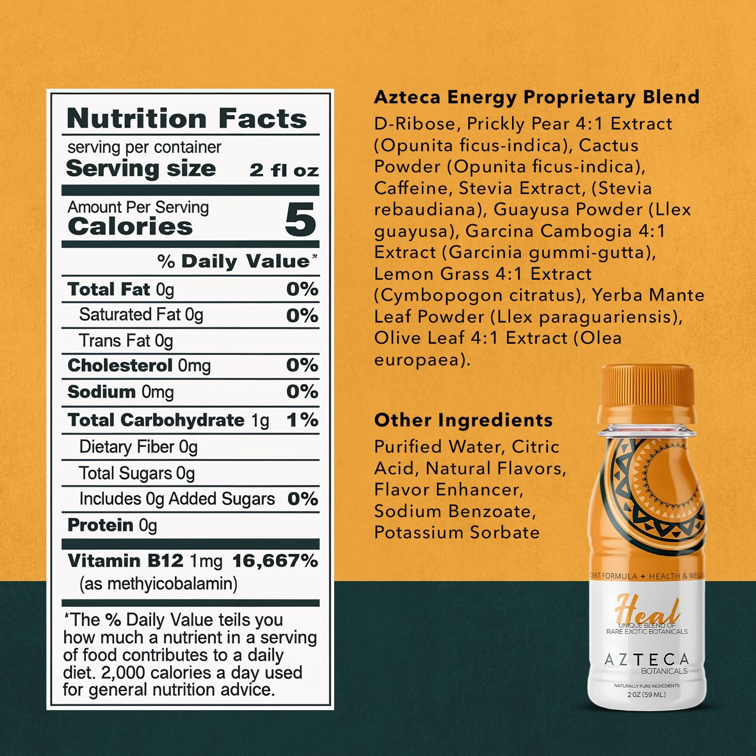 Close-up label on Azteca Health Organic Energy Shot Lemon bottle