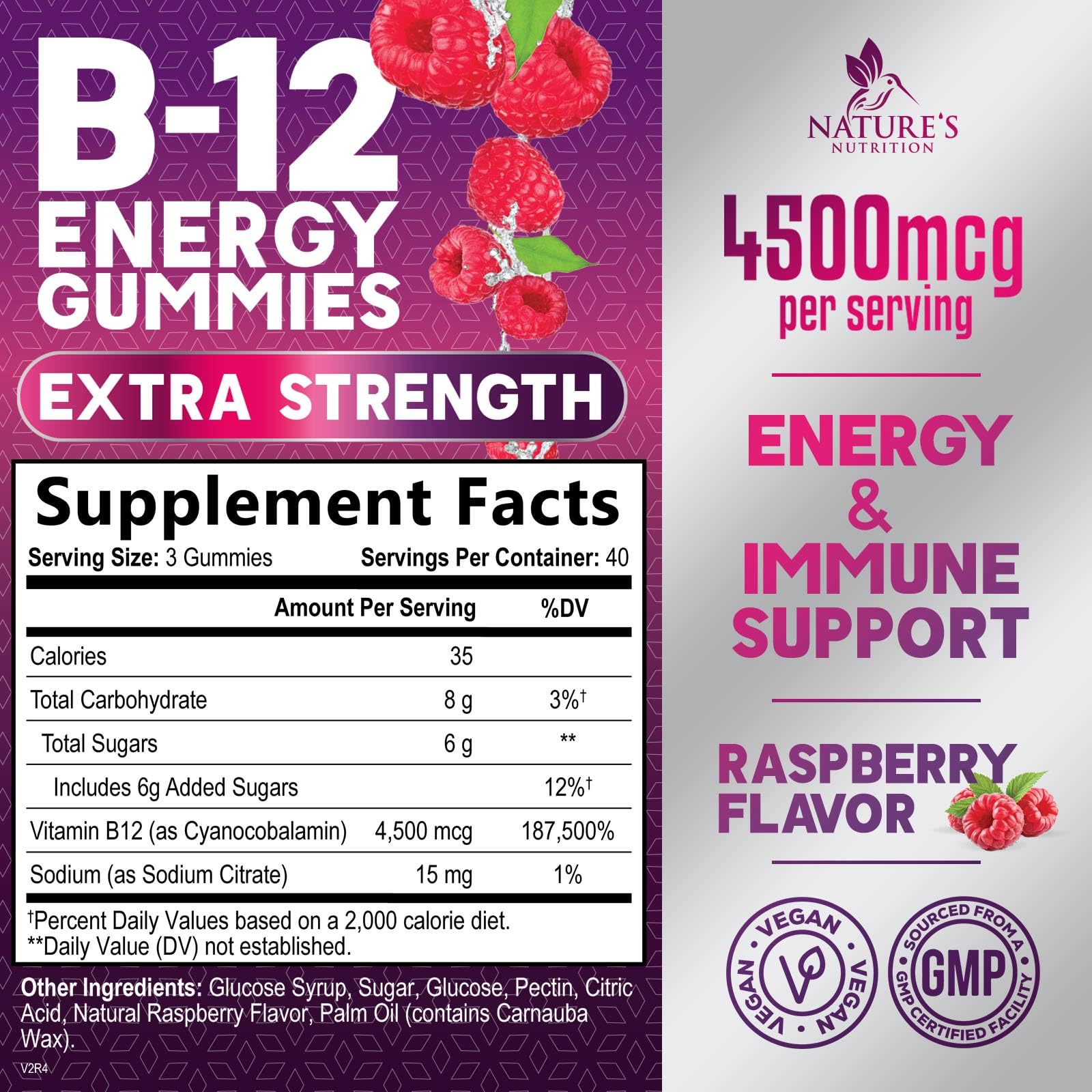 Close-up of glossy berry-flavored B-12 gummies