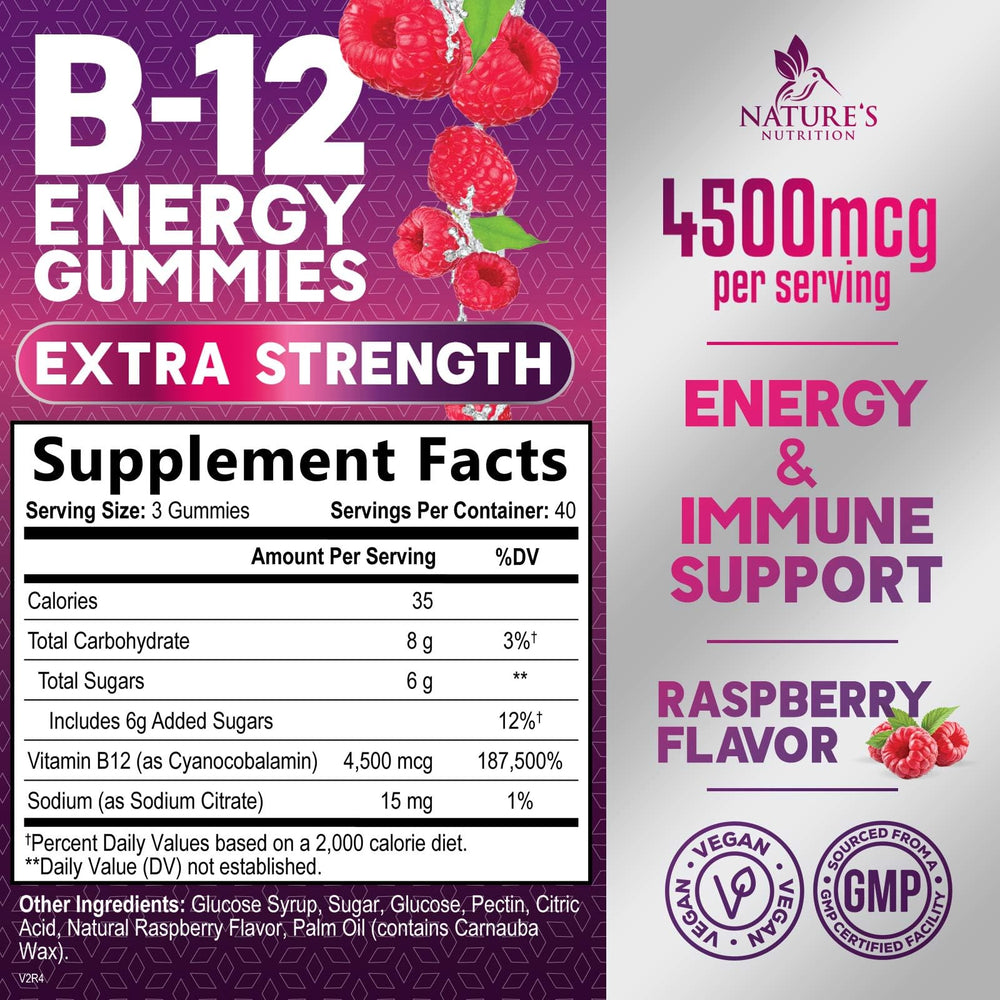 Close-up of glossy berry-flavored B-12 gummies