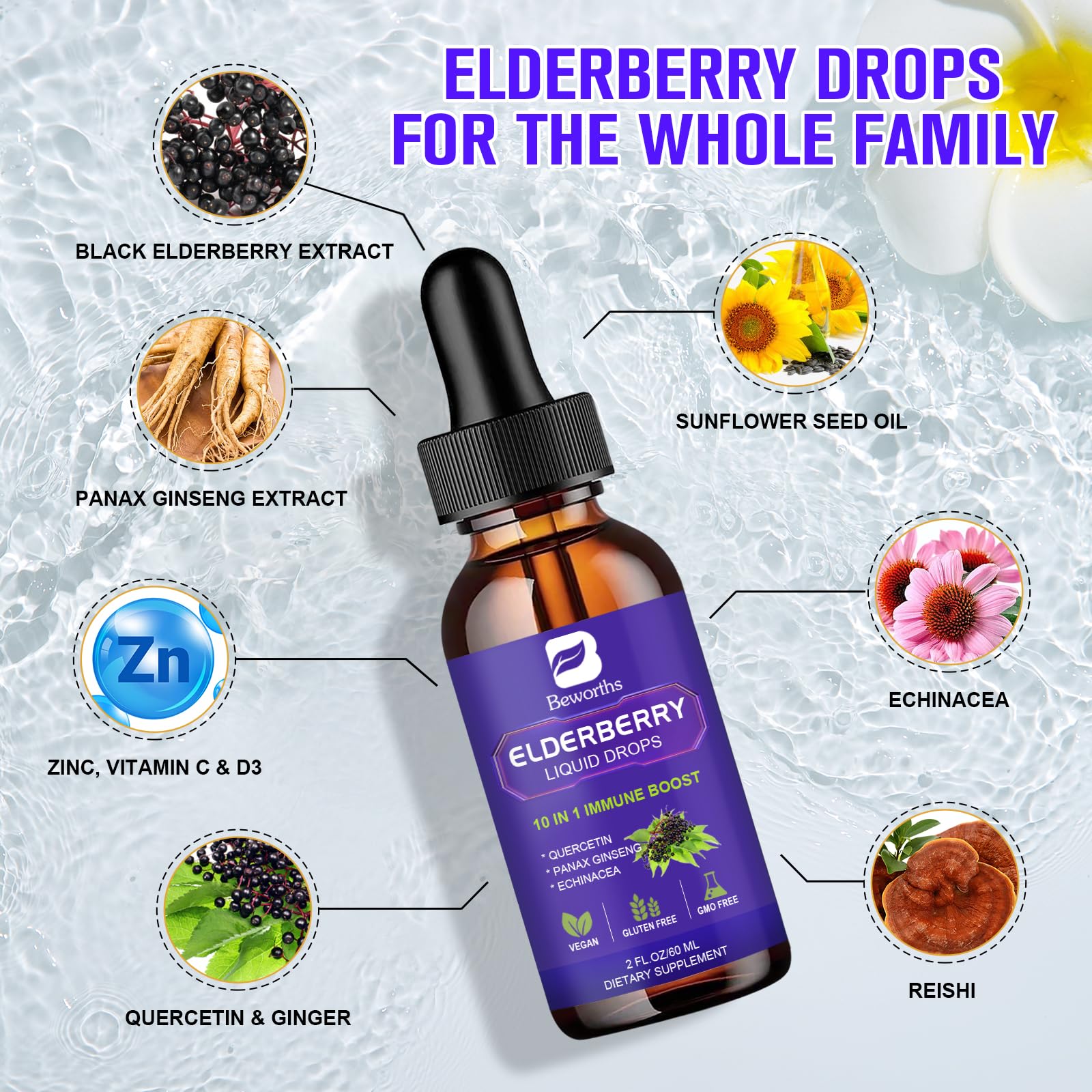 Ingredients panel showing organic black elderberry, quercetin, zinc, vitamins