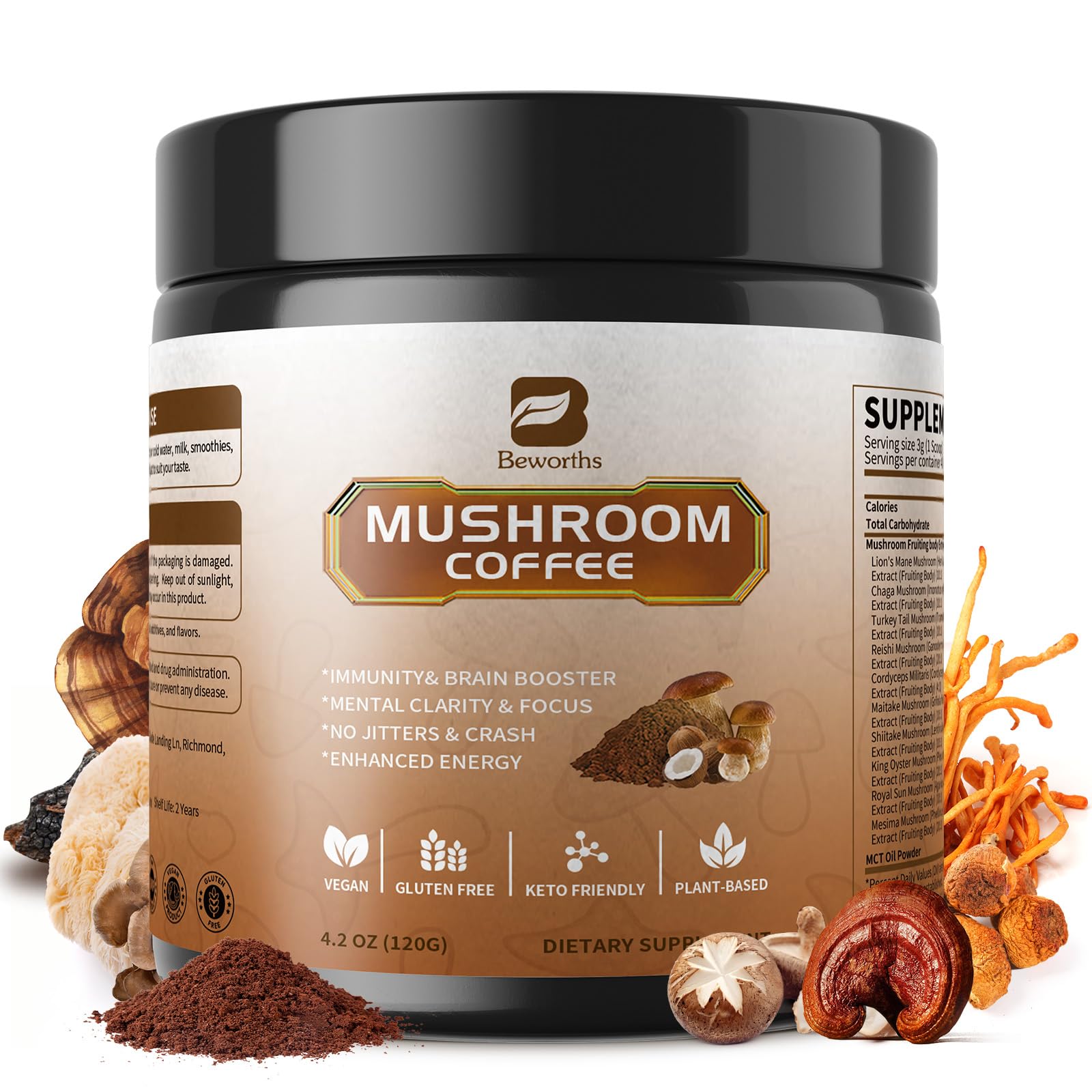 B BEWORTHS Mushroom Coffee Powder with MCT Oil packaging