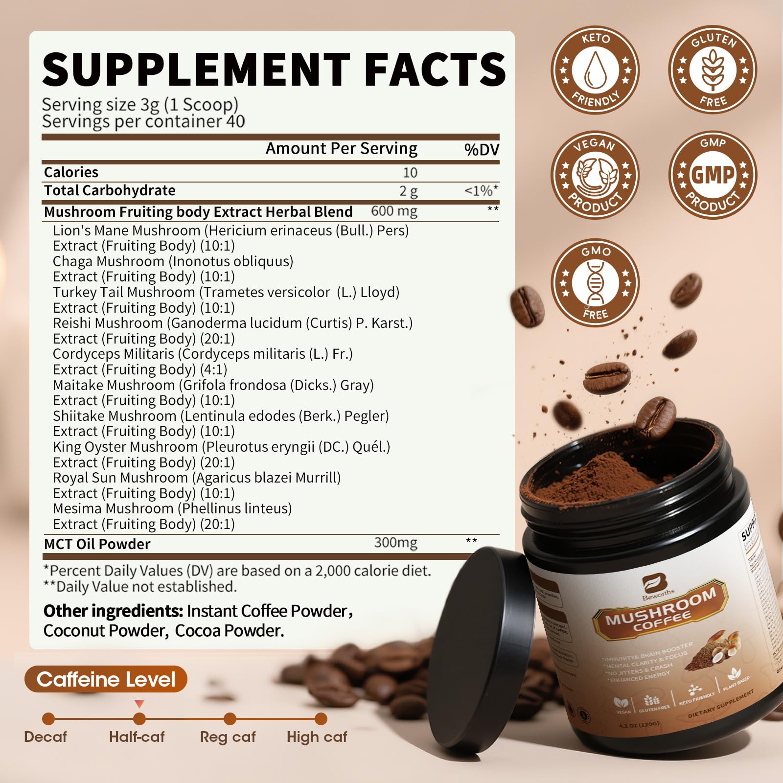 Label listing 10-mushroom blend: Lion's Mane, Reishi, Cordyceps, Turkey Tail, Chaga