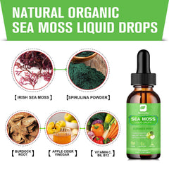 Organic Irish Sea Moss Drops packaging featuring burdock root, vitamin C and B12