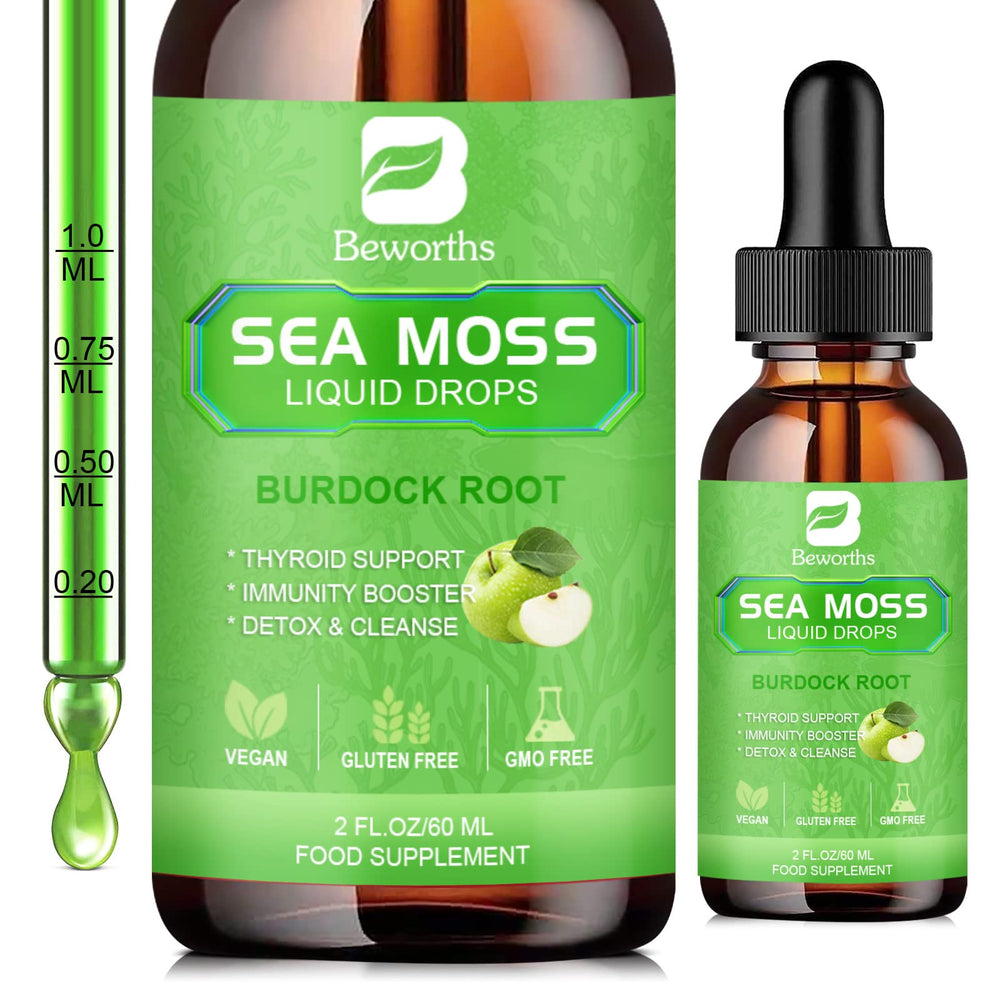 Bottle of B BEWORTHS Sea Moss Liquid Drops 2oz with Burdock Root and ACV on label