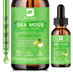 Bottle of B BEWORTHS Sea Moss Liquid Drops 2oz with Burdock Root and ACV on label