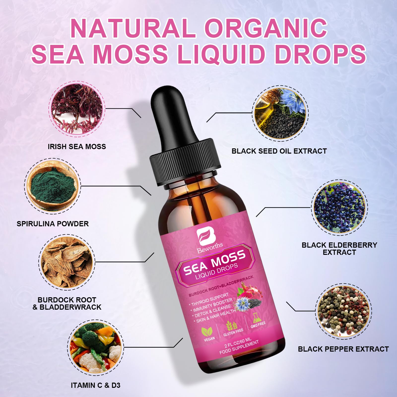 Close-up of Sea Moss Liquid Drops ingredients and dropper