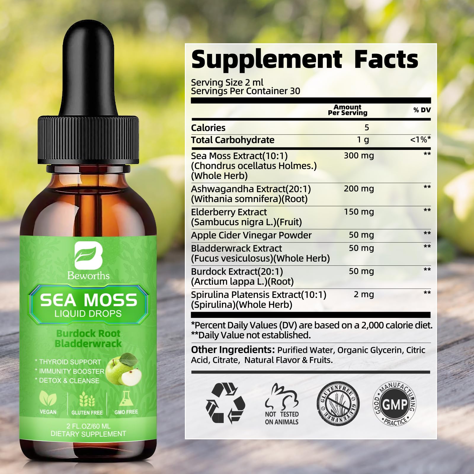 Product bottle close-up showing label details and vegan/non-GMO claim