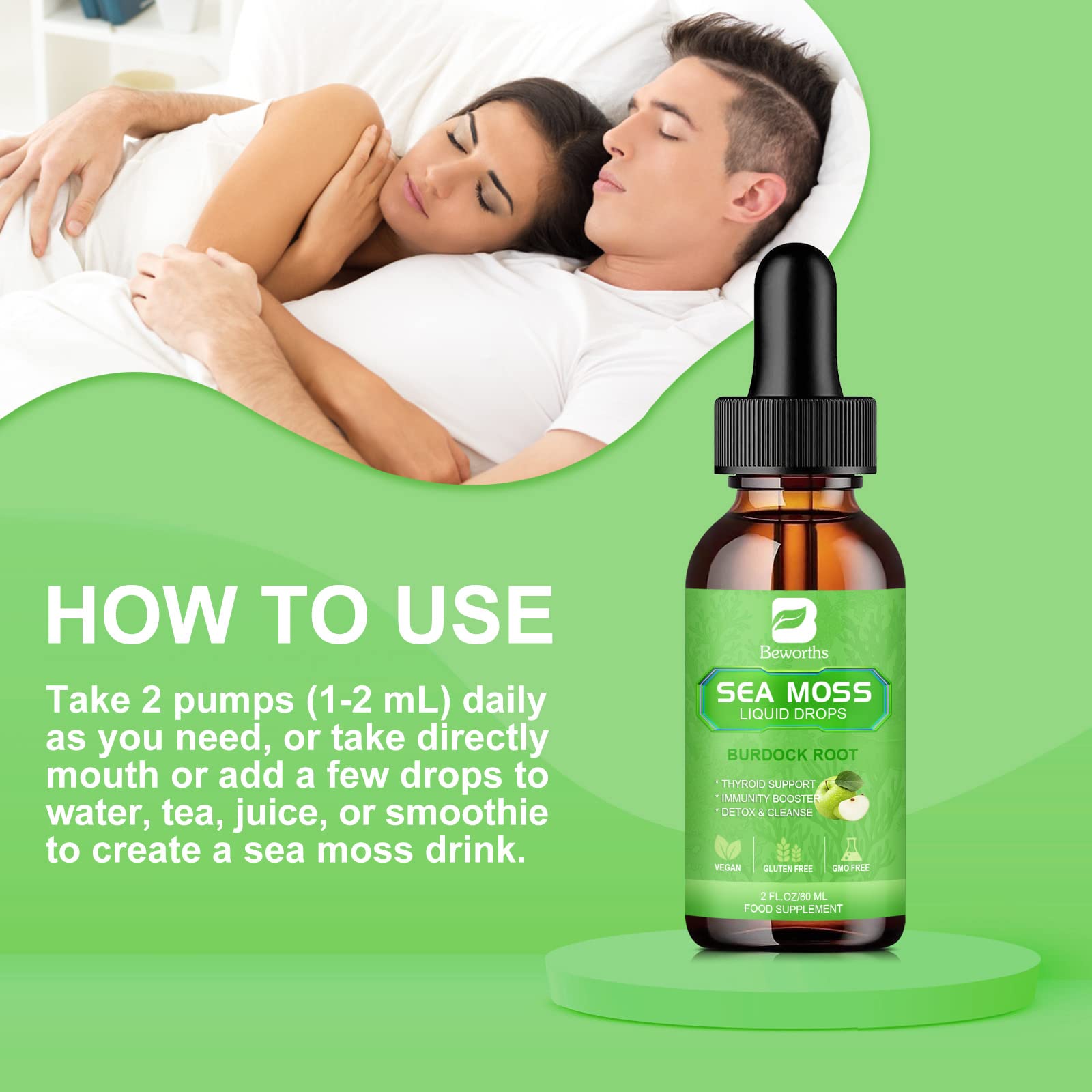 Close-up of sea moss liquid drops for digestive support