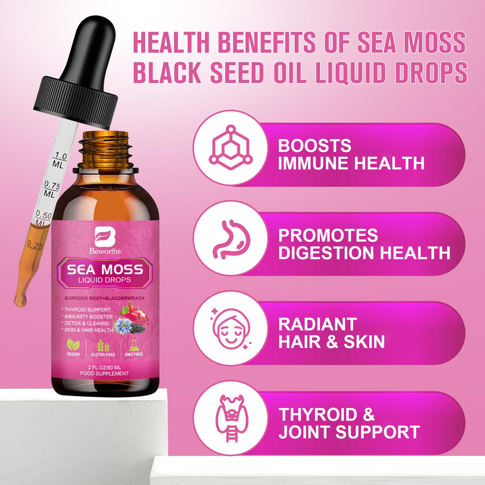 Label and packaging of B BEWORTHS Sea Moss Liquid Drops 4 oz