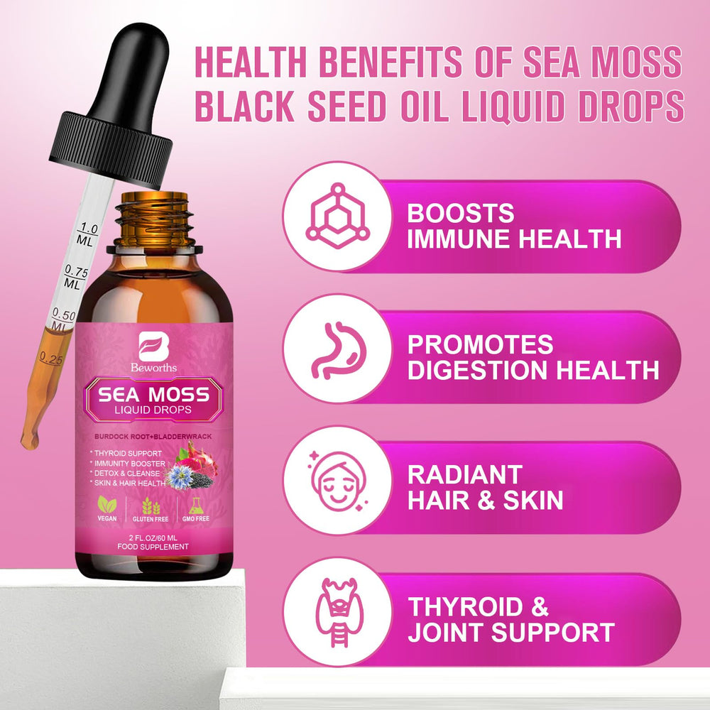 Label and packaging of B BEWORTHS Sea Moss Liquid Drops 4 oz