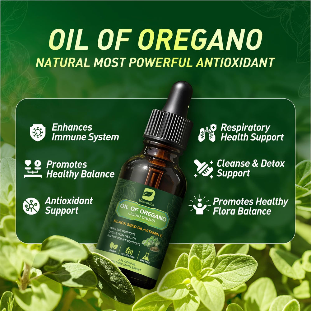Close-up of oregano oil drops with black seed oil and vitamin E