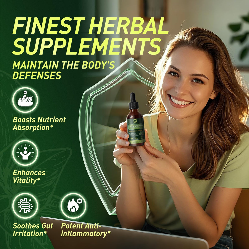 Black seed oil bottle with oregano oil ingredients
