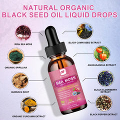 Close-up of Sea Moss Drops bottle with ingredients background