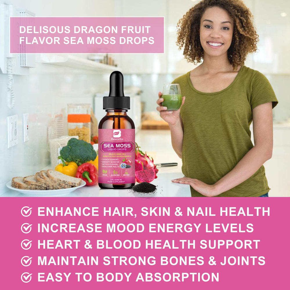 Fresh herbal ingredients including Irish sea moss, ashwagandha, burdock root
