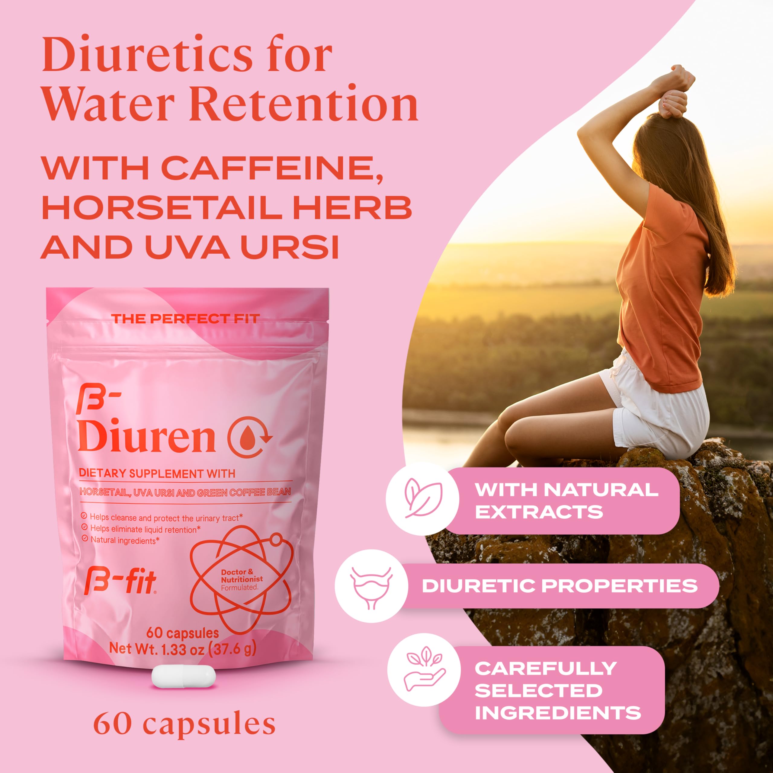 B-FIT B Diuren capsules closeup highlights an easy-to-swallow daily option.
