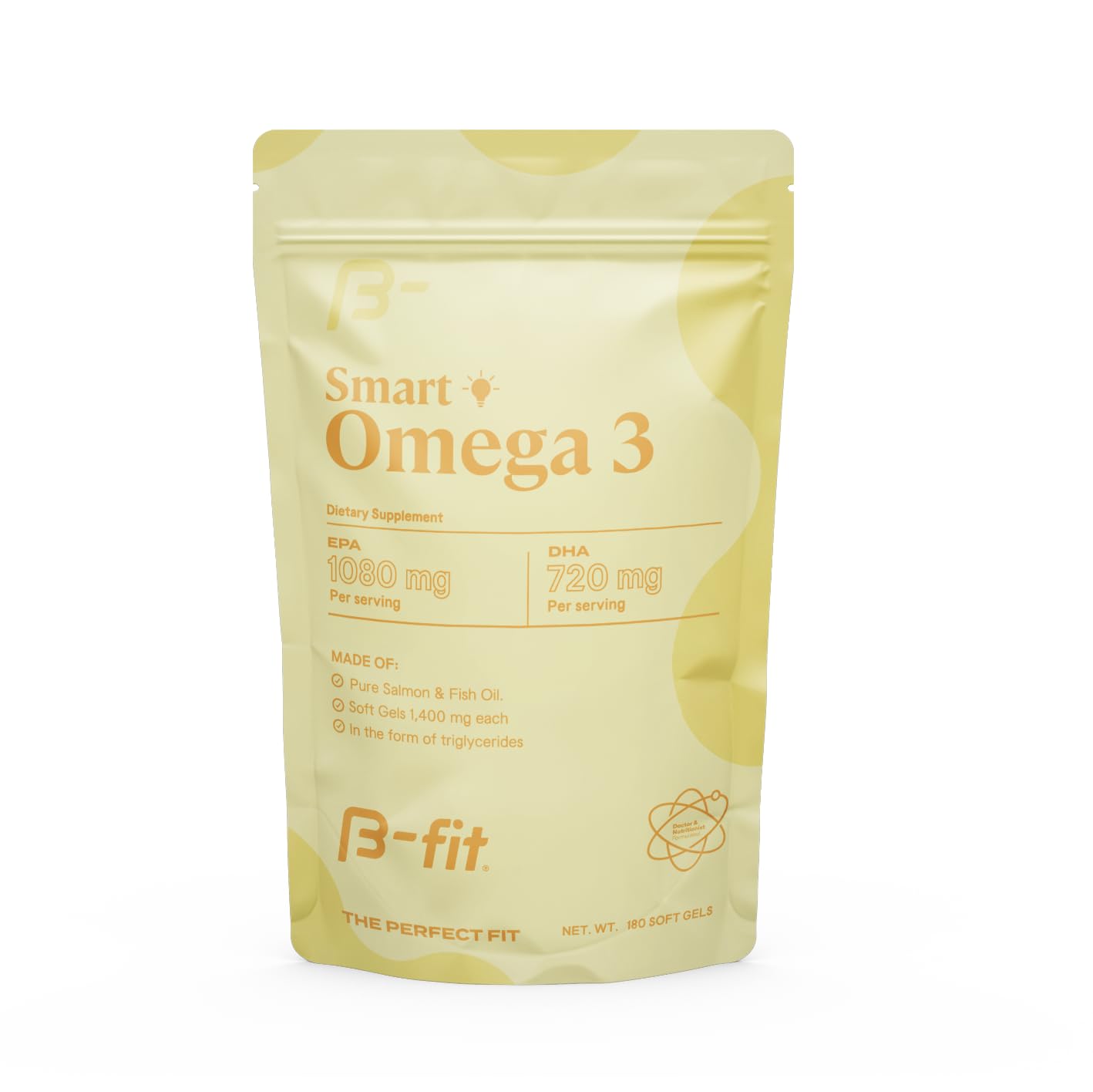 B-FIT B Omega-3 bottle front showing odorless softgels for daily heart and brain support.