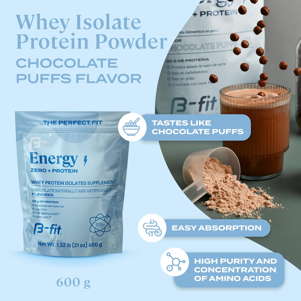 B-FIT B Whey Zero Chocolate Puffs powder jar on table, emphasizing low-fat, low-carb protein option