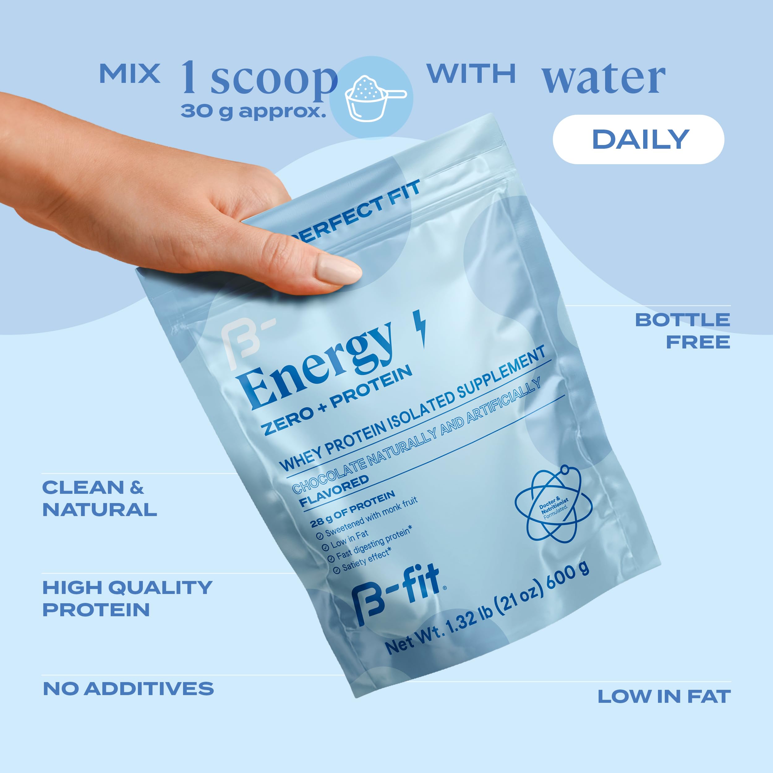 B-FIT B Whey Zero serving scoop over container, illustrating 30g protein per serving