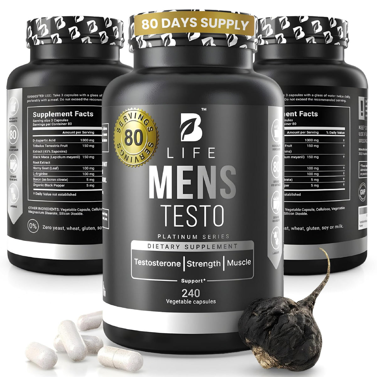 B Life Men’s Testo bottle with capsules for daily energy support.