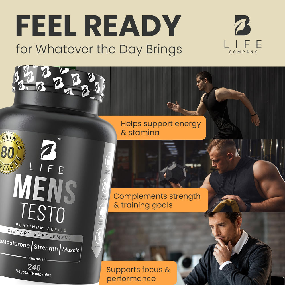 Close-up of B Life Men’s Testo bottle highlighting easy daily use.