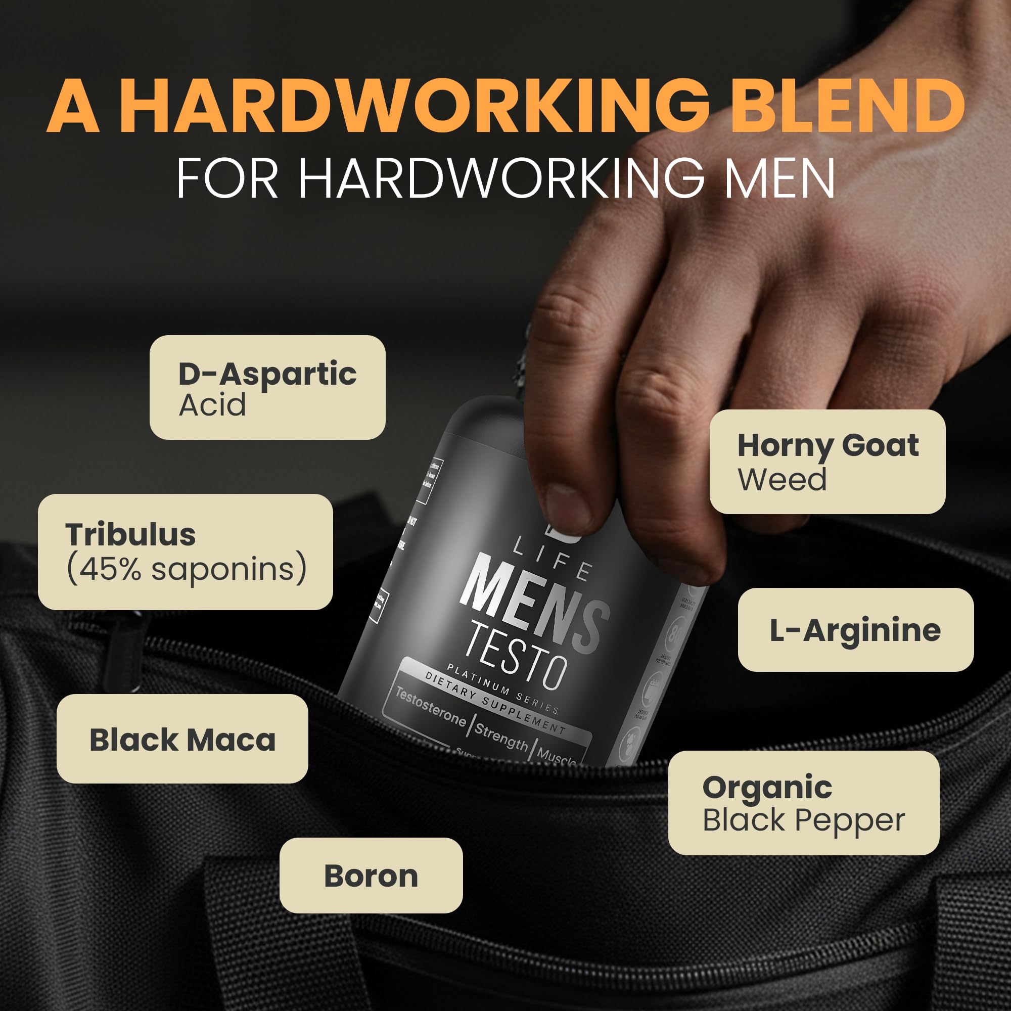 B Life Men’s Testo ingredient label featuring Tribulus Terrestris and Maca for vitality.