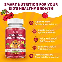 Illustration of Vitamin B complex and other nutrients in kids iron gummies
