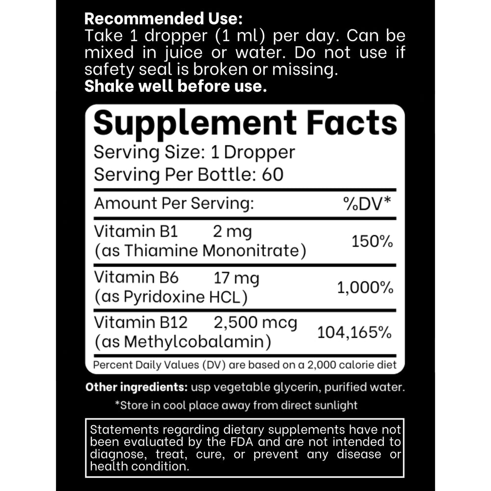 Label showing B1 B6 B12 vitamins and daily values