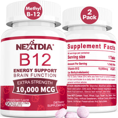 Bottle of B12 vitamins 10,000 mcg methylated sublingual with strawberry flavor