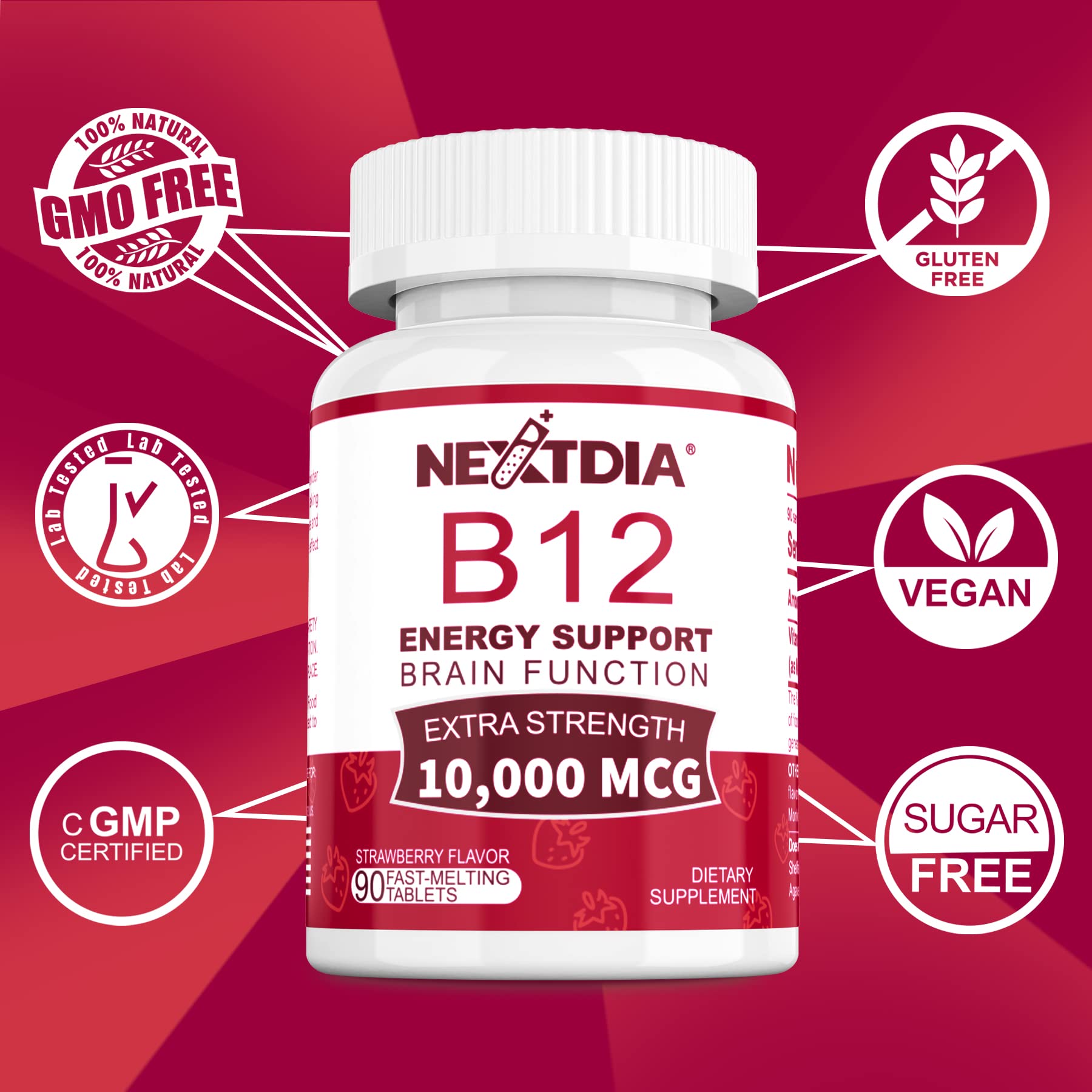 Graphic showing energy, focus, and immune support from B12
