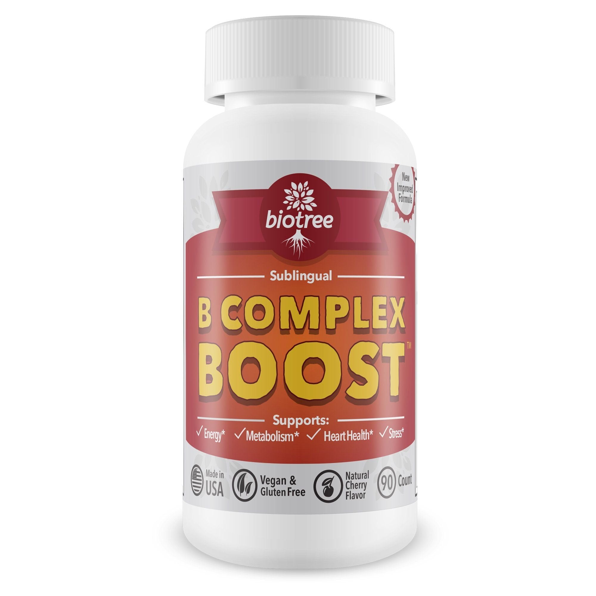 Bottle of Vitamin B12 Sublingual B Complex with Cherry Flavor and 90 tablets