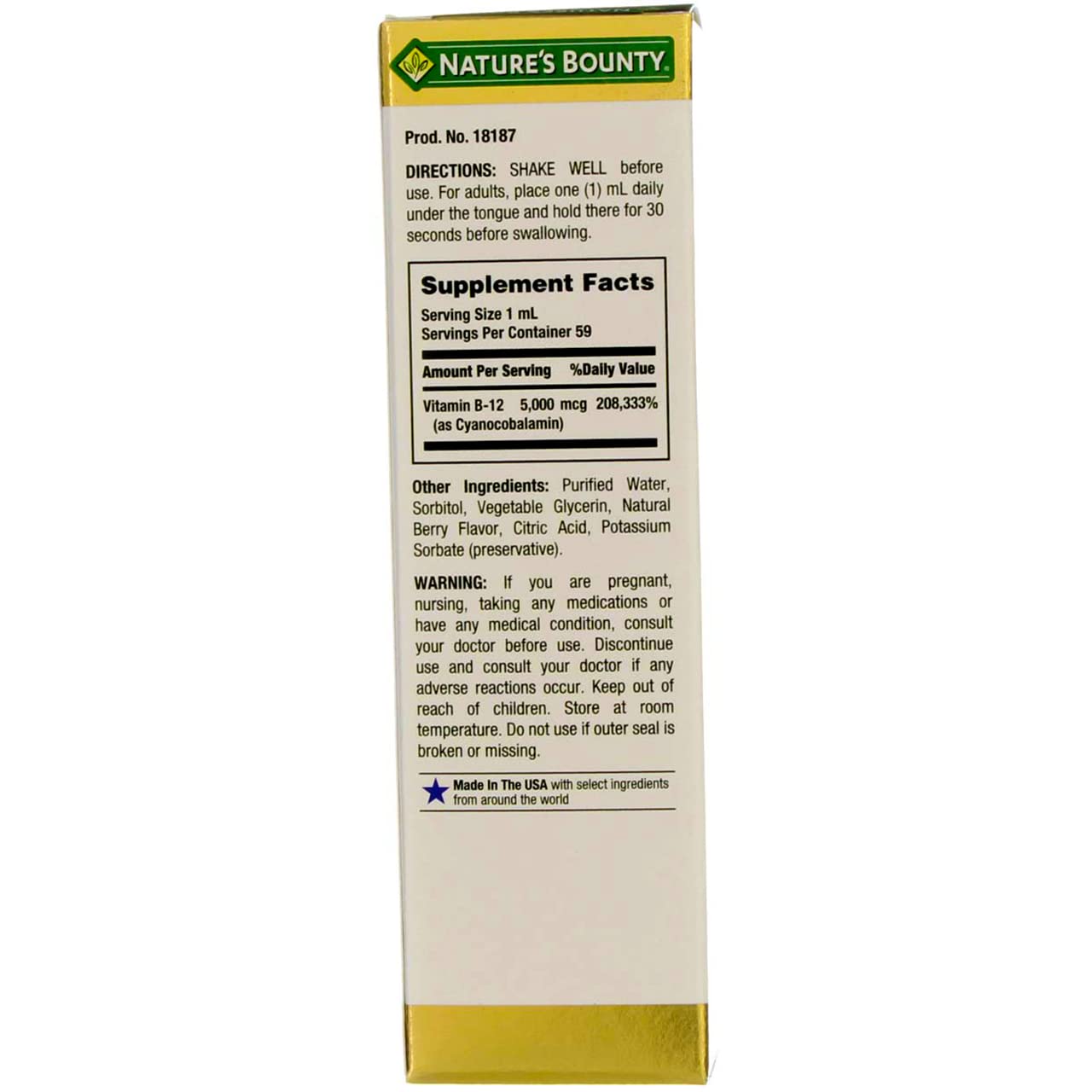 Nutrition facts panel for Nature's Bounty B-12 Sublingual Liquid