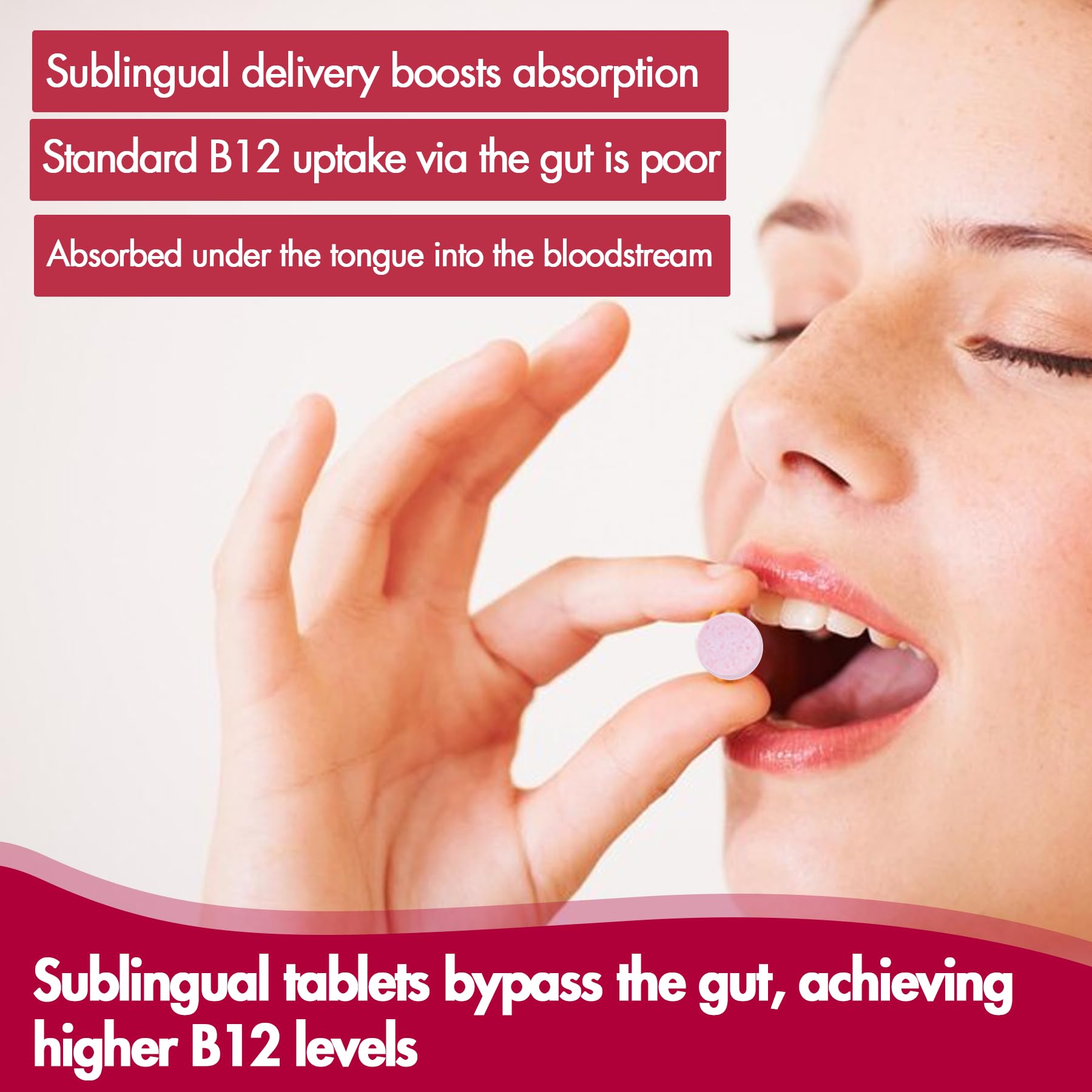 Strawberry-flavored B12 vitamins with ingredients illustration