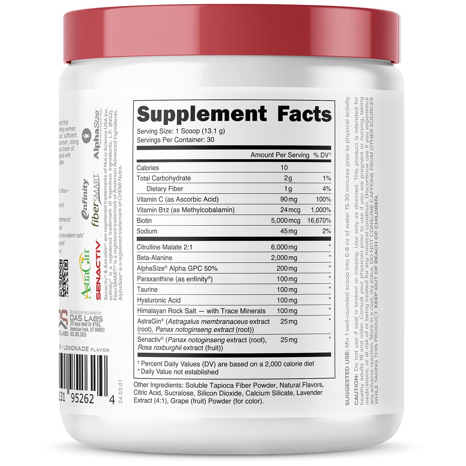 Close-up of label highlighting key ingredients: Citrulline, Beta-Alanine, Hyaluronic Acid, Biotin