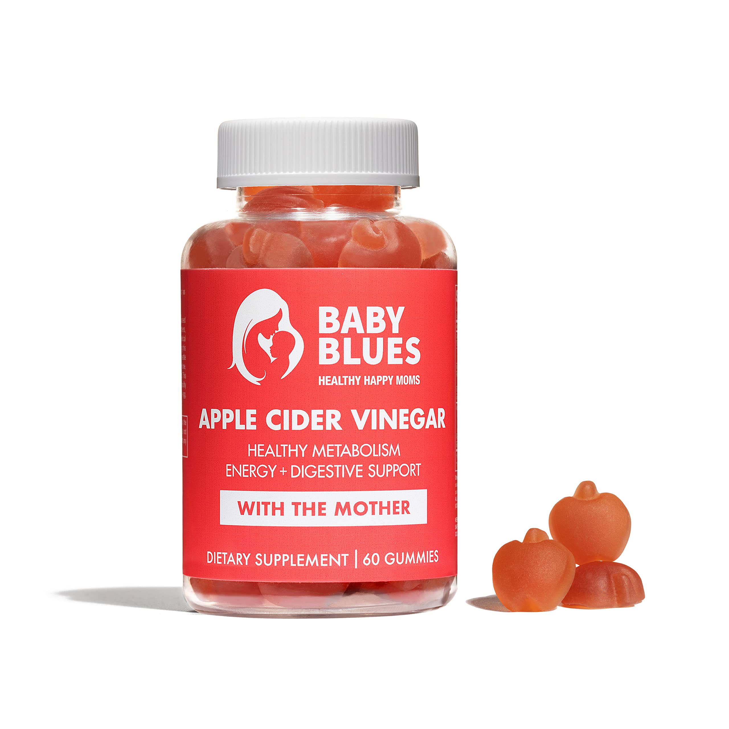 Front view of Baby Blues Postpartum Gummies bottle with 60 gummies