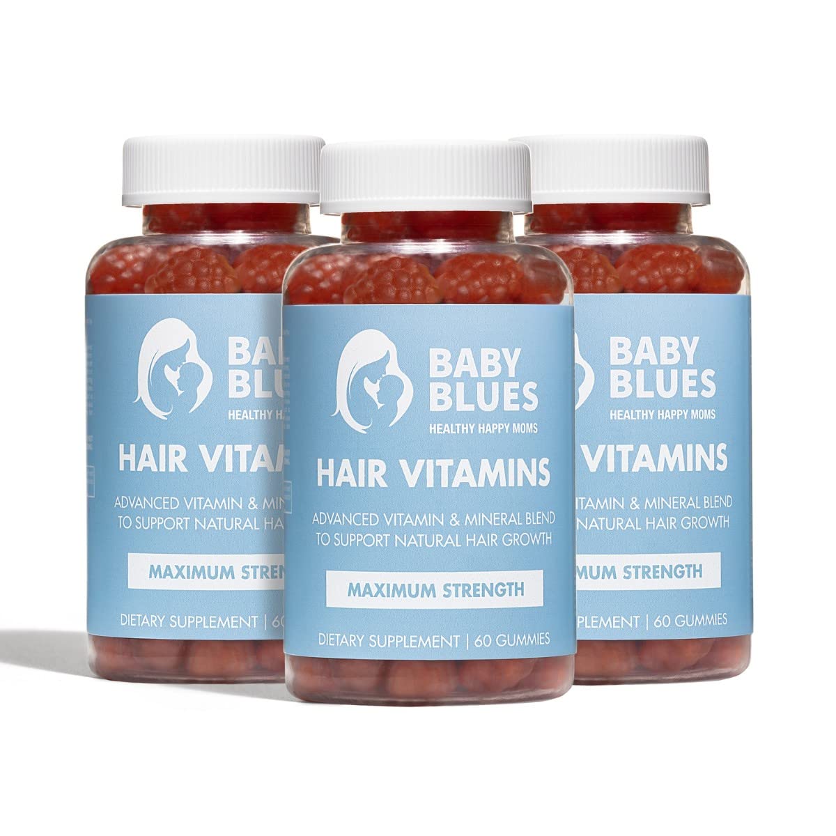 Front view of Baby Blues postpartum hair loss vitamins pack