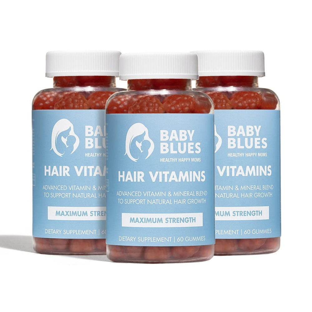 Front view of Baby Blues postpartum hair loss vitamins pack