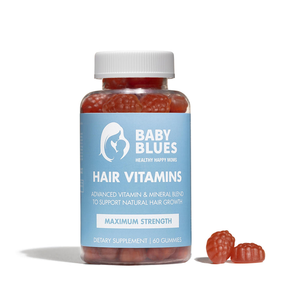 Bottle of Baby Blues postpartum hair loss vitamins with passion fruit gummies