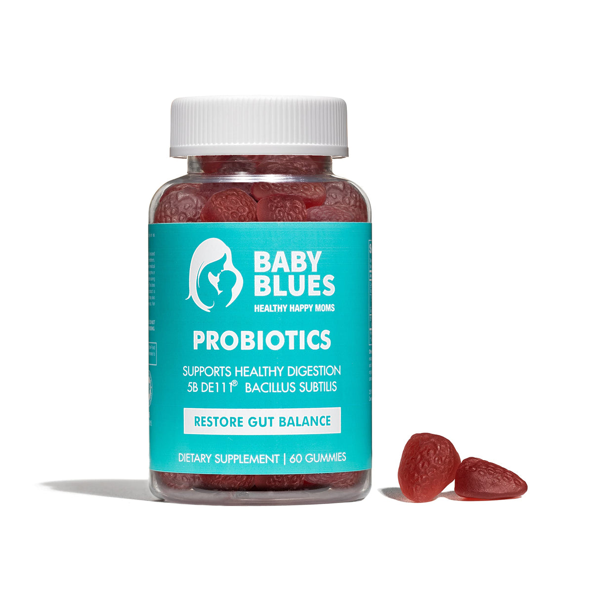 Front view of Baby Blues Probiotic Gummies bottle with organic strawberry flavor