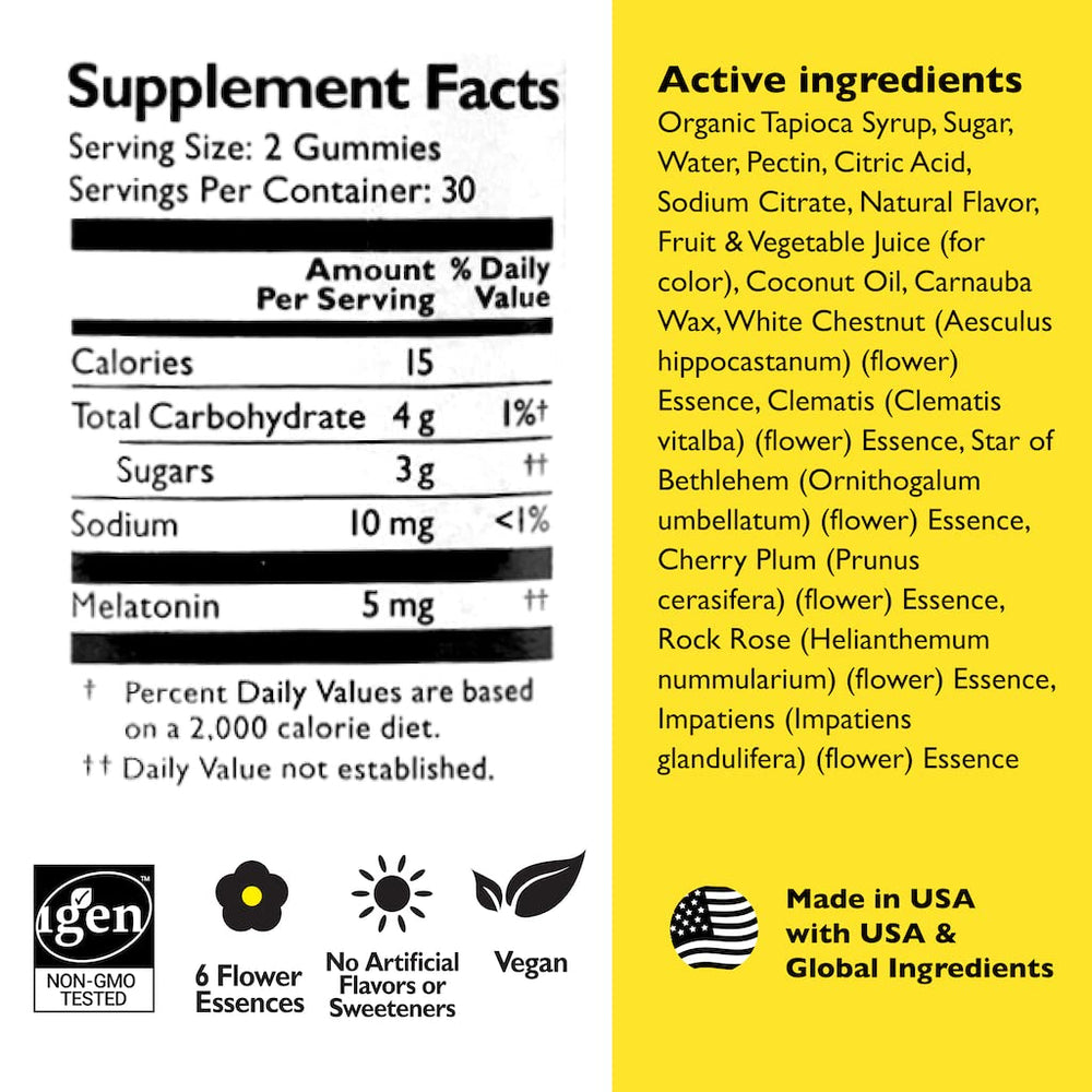 Nutrition facts showing 5 mg melatonin per serving