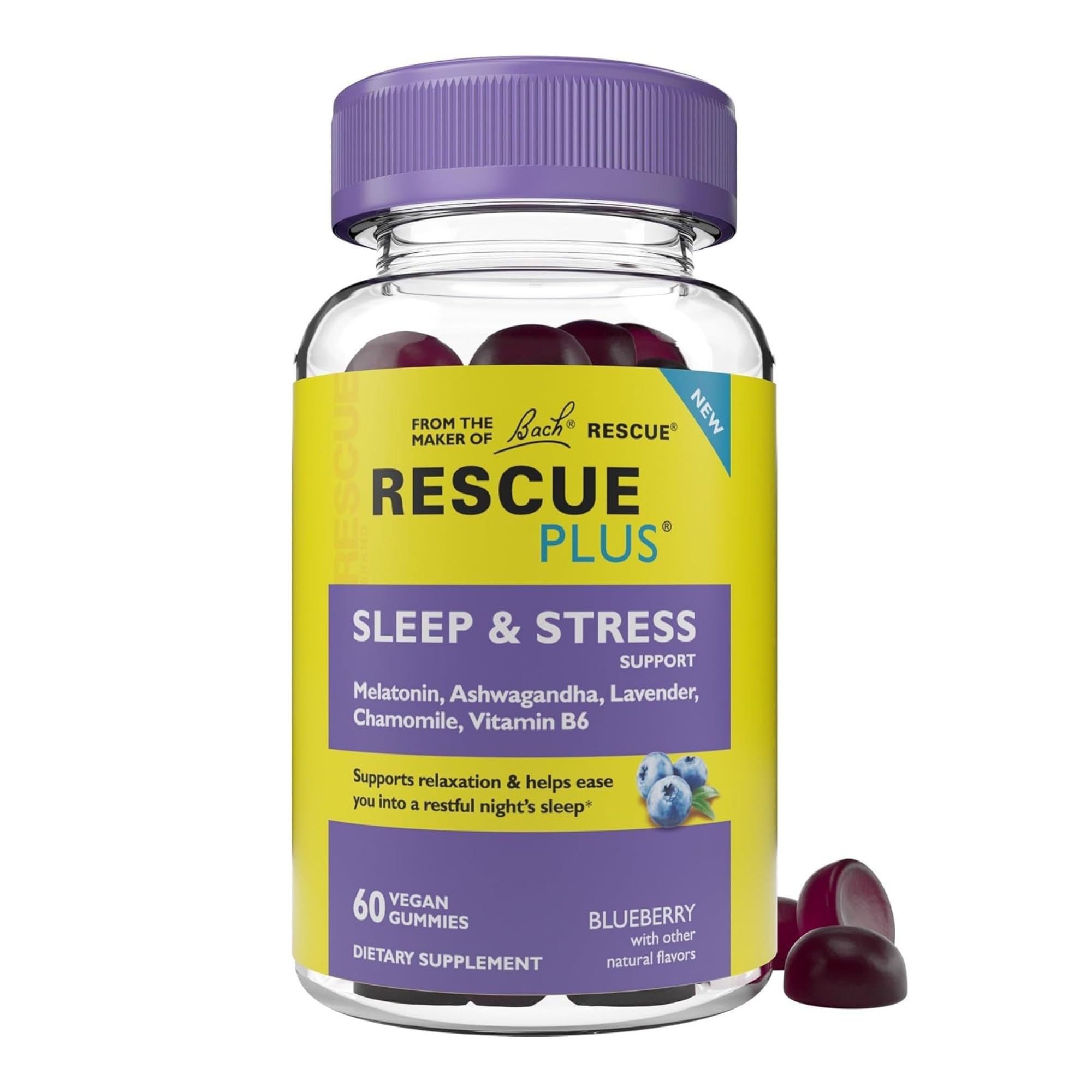 Bach RESCUE PLUS Sleep & Stress Gummies 60-count bottle on a nightstand