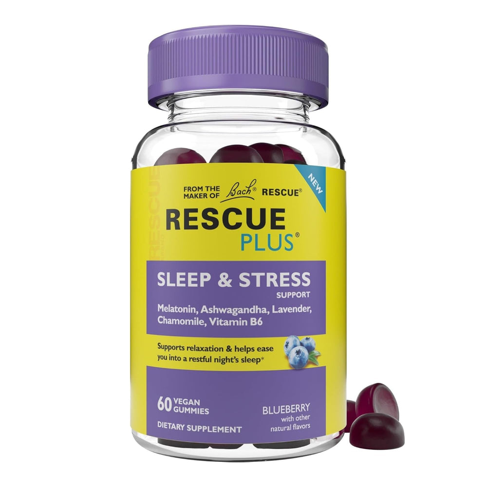 Bach RESCUE PLUS Sleep & Stress Gummies 60-count bottle on a nightstand