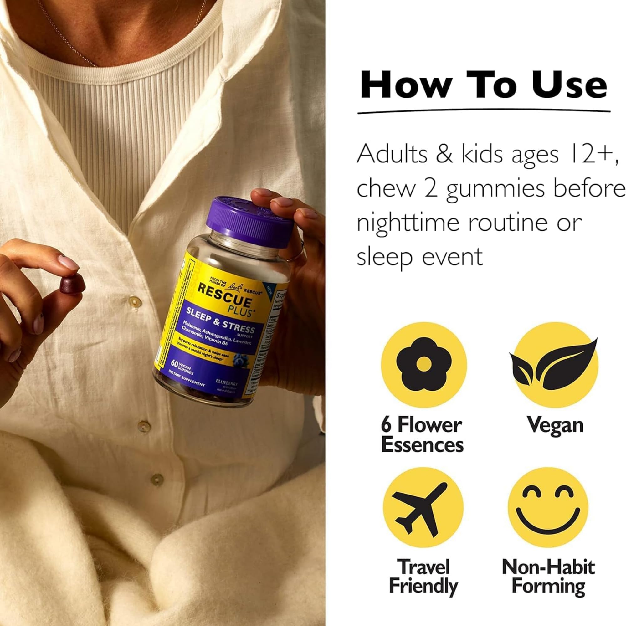 Key ingredients: ashwagandha, chamomile, lavender, melatonin in Bach RESCUE PLUS gummies